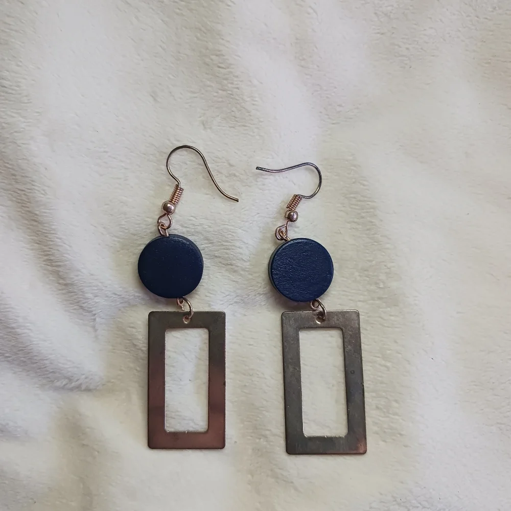 Rectangle Earrings with Blue Circles | Pre-Owned - Picture 1 of 2